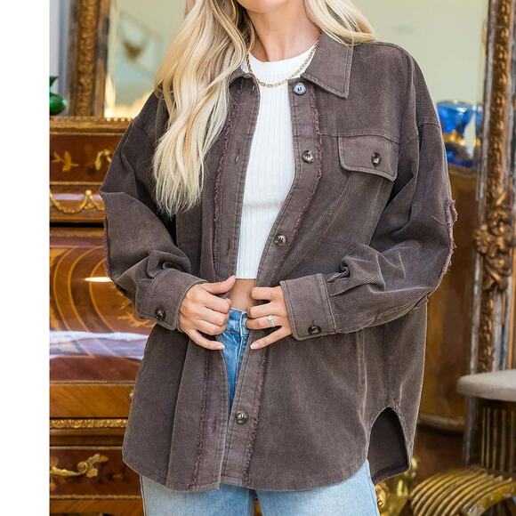 Sweet Lovely By Jen Mocha Corduroy Shacket S - Picture 2 of 4